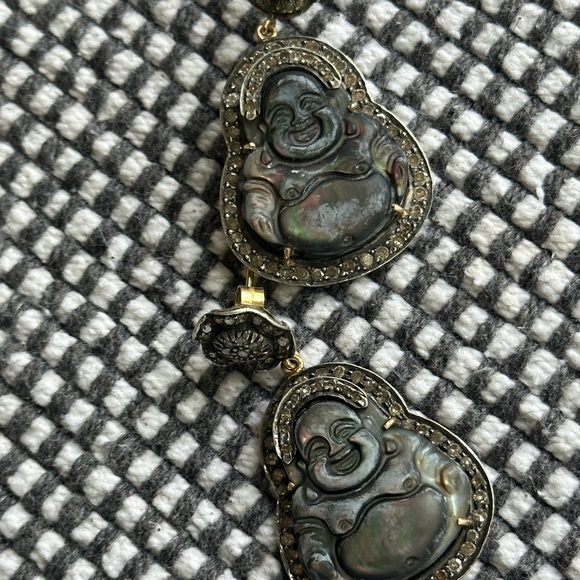 Jewelry - Abalone Buddha Drop Earrings - Iridescent Green Gold Accents